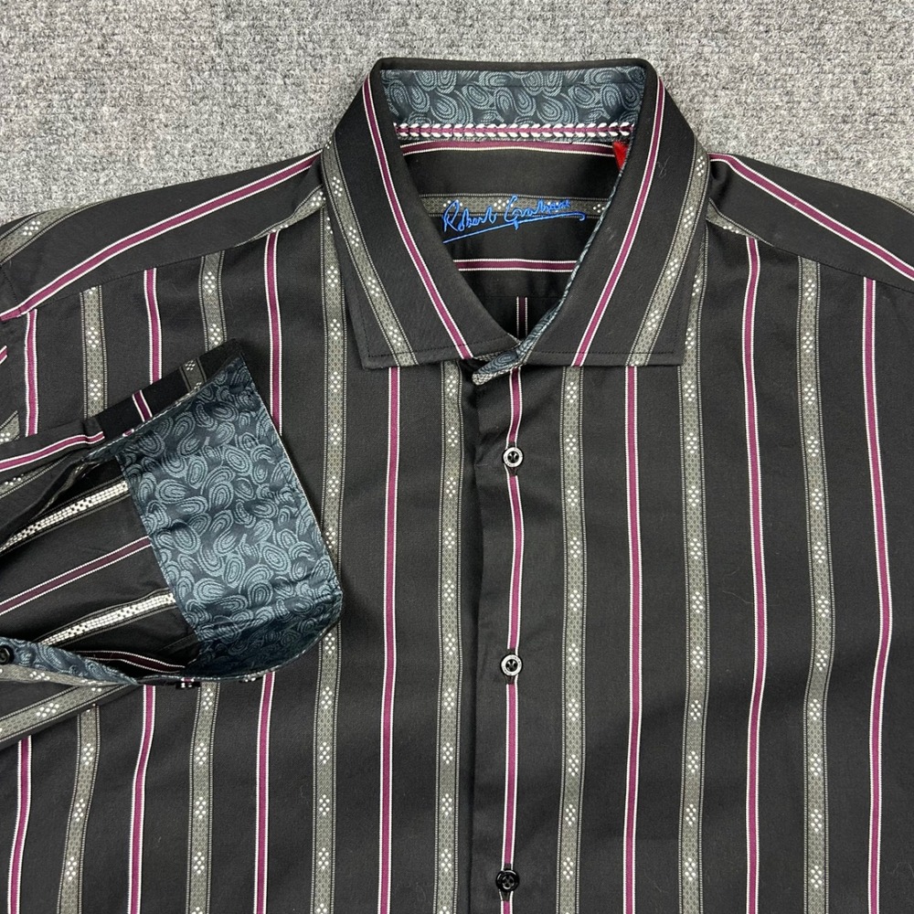 Robert Graham‎ Button Up Shirt Mens L/XL Black Striped Embroidered Long Sleeve